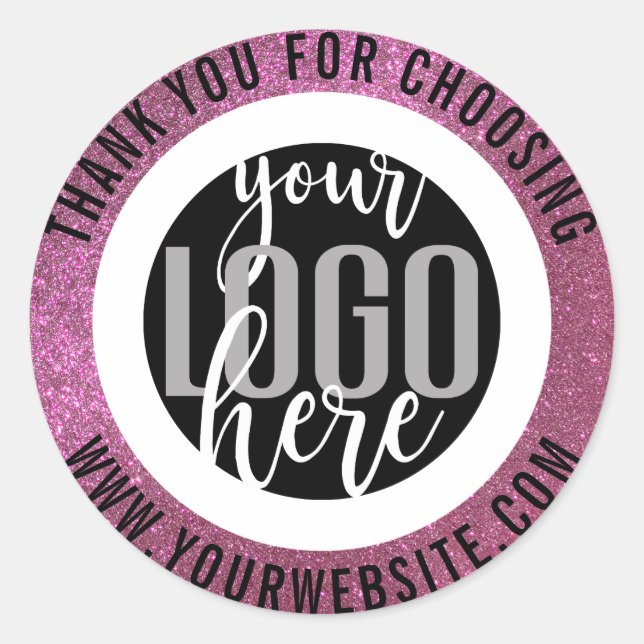 Thank You Sparkly Pink Glitter Business Logo Classic Round Sticker (Front)