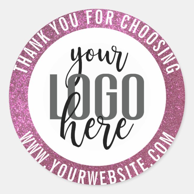 Thank You Sparkly Pink Glitter Business Logo Classic Round Sticker (Front)