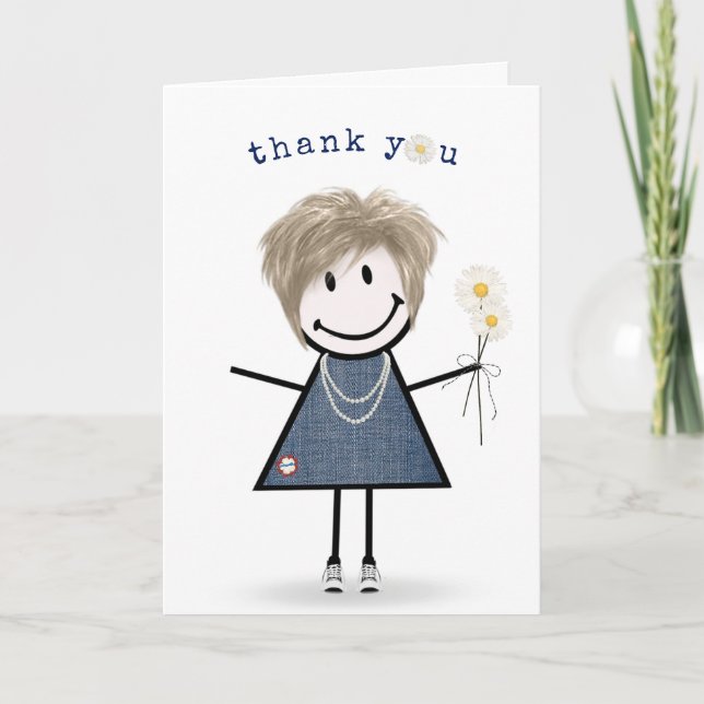 Thank You Stick Figure Girl with Daisies  Card (Front)