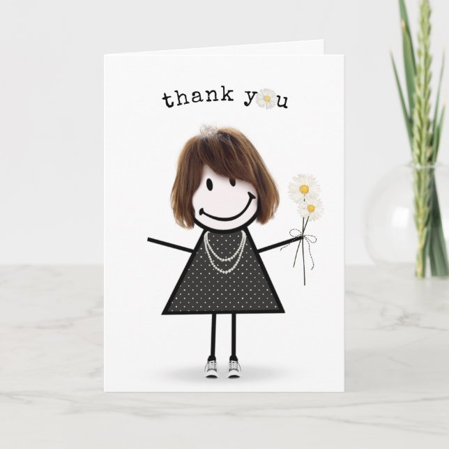 Thank You Stick Figure Girl with Daisies  Card (Front)