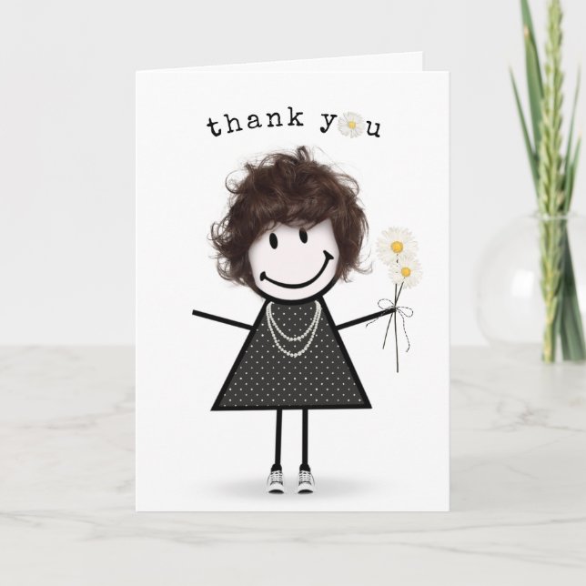 Thank You Stick Figure Girl with Daisies Card (Front)