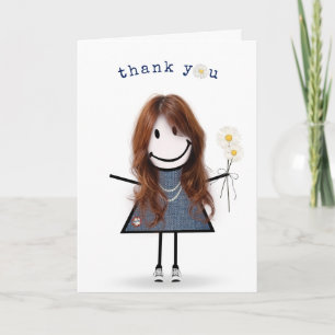 Thank You Stick Figure Girl with Daisies  Card