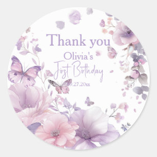 Thank You Sticker Label   Lilac Butterfly Watercol