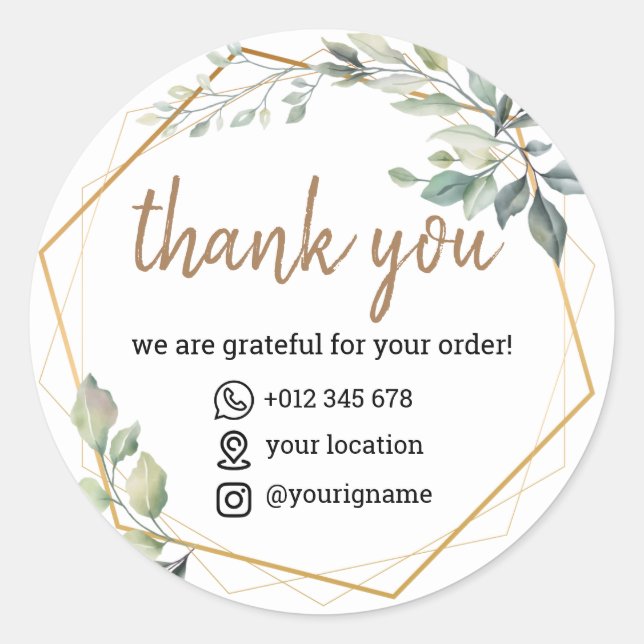 Thank You Sticker Modern Green Floral Leaves (Front)