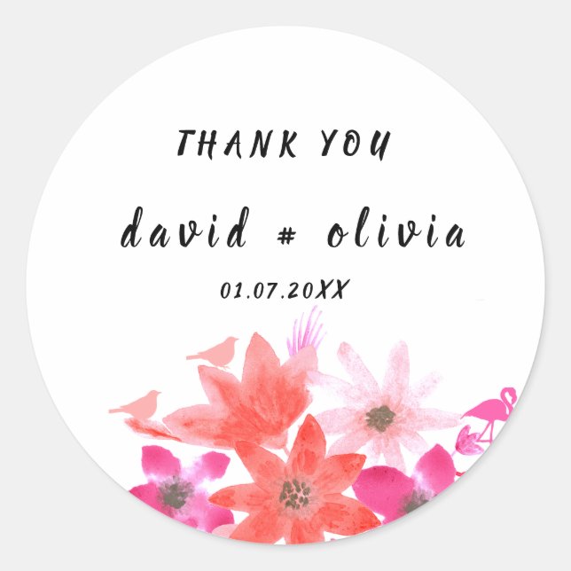 Thank You Sticker with Floral Design Classic Round (Front)