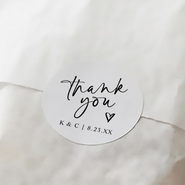 Thank You Stickers for Wedding Favours Modern Hear (Modern minimalist handwriting wedding thank you favor tags with heart in black and white)