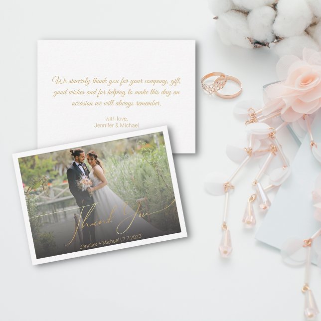 thank you stylish gold handwriting wedding photo   card (Creator Uploaded)