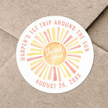 Thank You Sun Classic Round Sticker<br><div class="desc">This round sticker design features a vibrant sun at the centre, with the cheerful phrase "Thank You!" placed right on top. The sun's rays burst out in classic sun colours—yellow, orange, and a hint of red—bringing a warm and joyful vibe to your celebration. "First Trip Around The Sun" is displayed...</div>