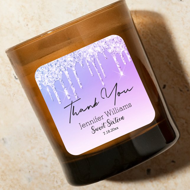 thank you sweet 16 purple dripping glitters chic square sticker (Creator Uploaded)