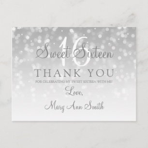 Thank You Sweet 16 Silver Bokeh Sparkle Lights Postcard