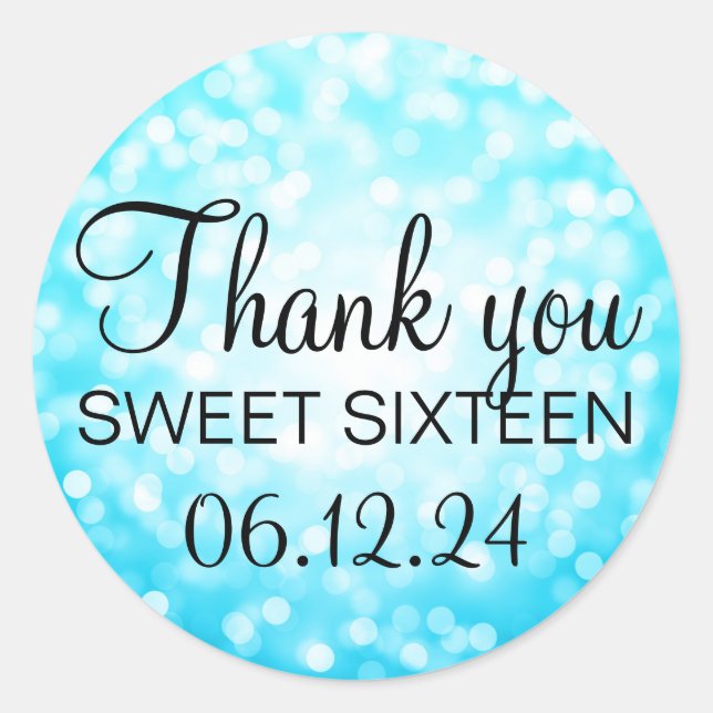 Thank You Sweet 16 Turquoise Glitter Lights Classic Round Sticker (Front)