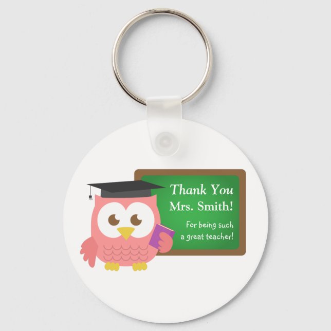 Thank you, Teacher Appreciation Day, Cute Pink Owl Keychain (Front)
