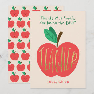 Thank You Teacher, Best Ever Teacher, Cute Apple Card