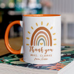 Thank You Teacher Custom Name Boho Rainbow Sun Mug<br><div class="desc">The Custom Name Boho Earth Tone Rainbow Sun Teacher mug is a unique and stylish gift that combines bohemian and earthy elements with a vibrant rainbow sun. In addition to the striking graphic, the mug can also be customized with your own name, making it a truly personalized piece. The name...</div>