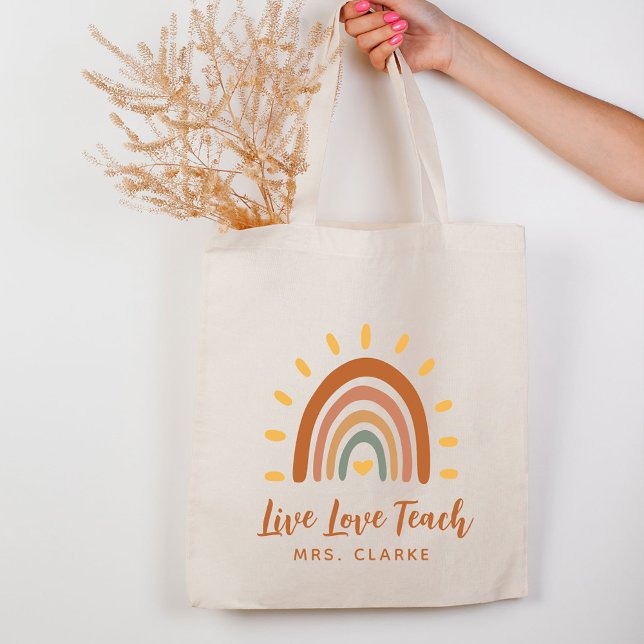 Thank You Teacher Custom Name Boho Rainbow Sun Tote Bag (Creator Uploaded)