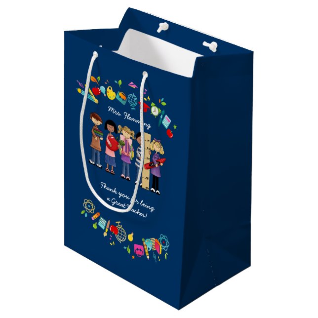 Thank You, Teacher. Custom Name  Medium Gift Bag (Front Angled)