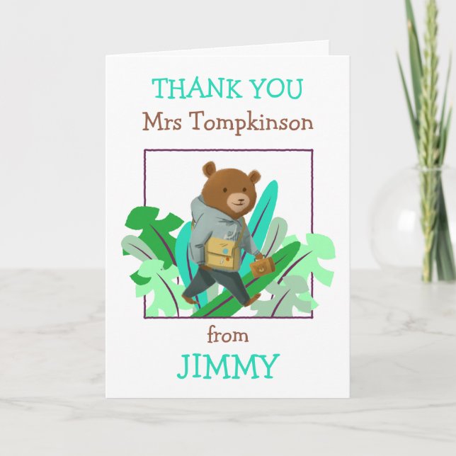 Thank you Teacher Name Cute Bear Leaves Card (Front)