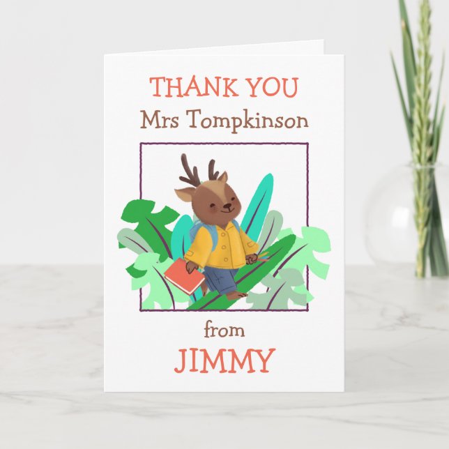 Thank you Teacher Name Cute Deer Leaves Card (Front)