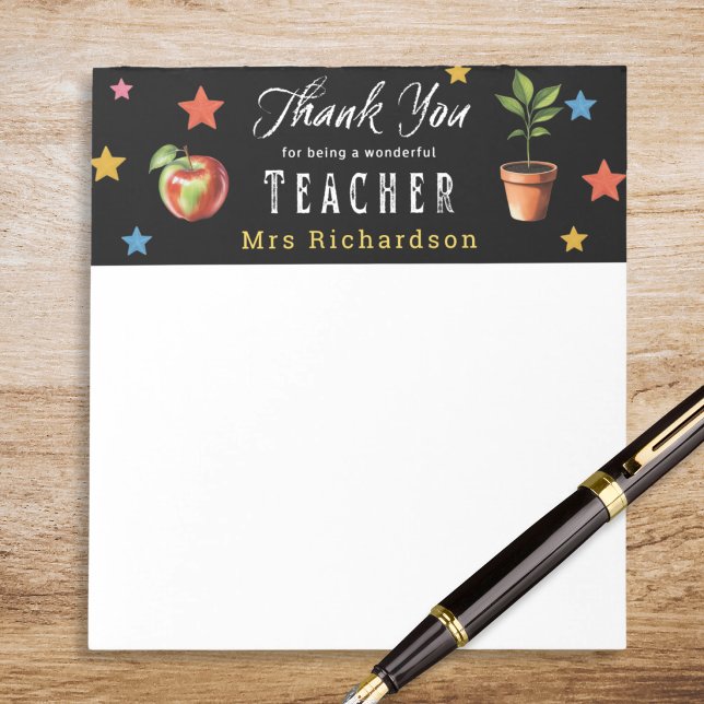 Thank You Teacher Personalized Apple Chalk Stars Notepad (A personalized note pad with message 'Thank you for being a wonderful teacher')