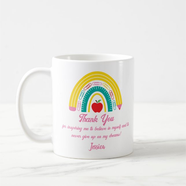 thank you teacher rainbow school supply pink  coffee mug (Left)