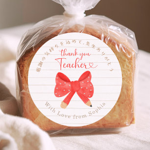 Thank You Teacher Red Bow Note Paper Classic Round Sticker