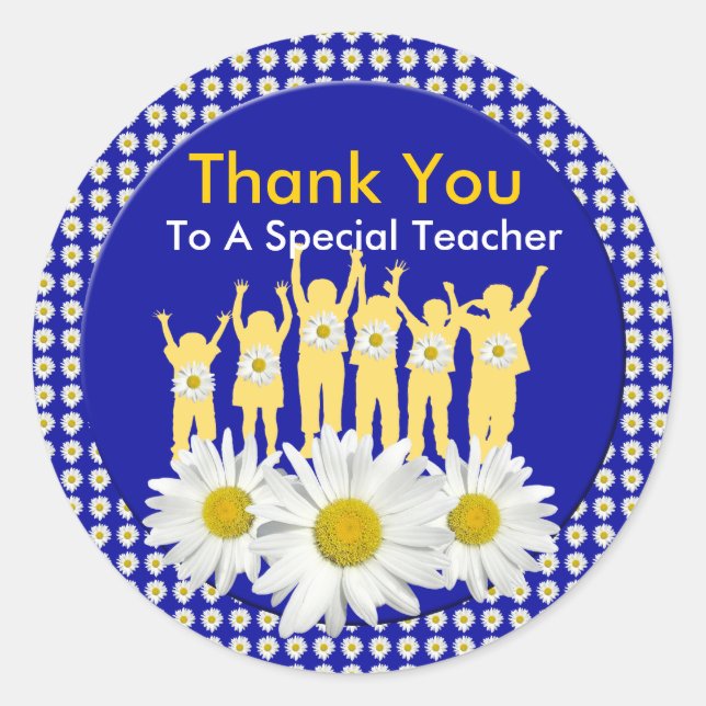 Thank You Teacher Stickers with Kids and Daisies (Front)