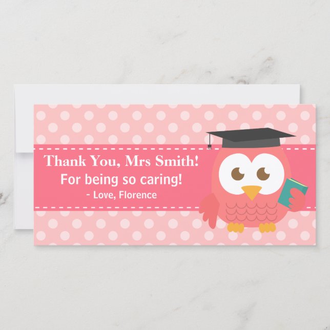 Thank You Teacher, Teacher Owl, Pink Polka Dots Card (Front)