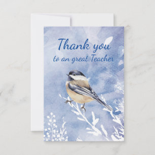 Thank You Teacher Watercolor Chickadee Winter Card