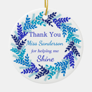 Thank You Teacher's Gift Blue Christmas Wreath Ceramic Ornament