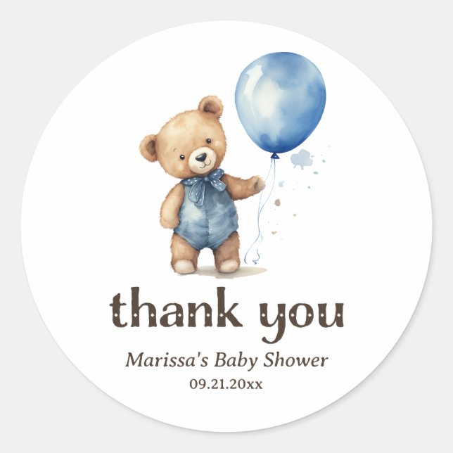 Thank You Teddy Bear Boy Baby Shower Sticker (Front)