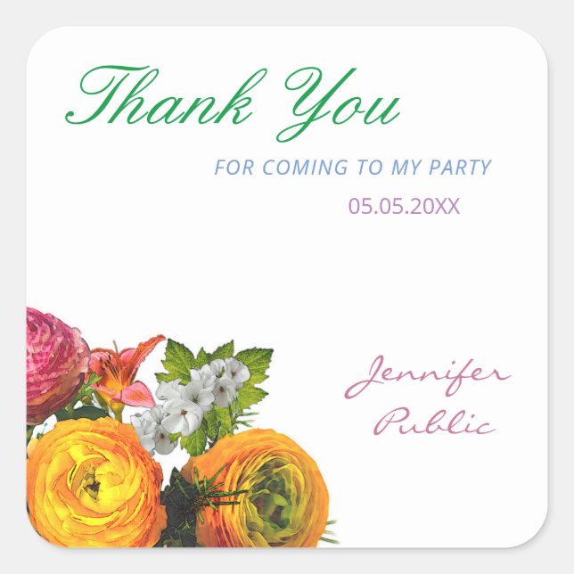 Thank You Template Watercolor Flowers Roses Script Square Sticker (Front)