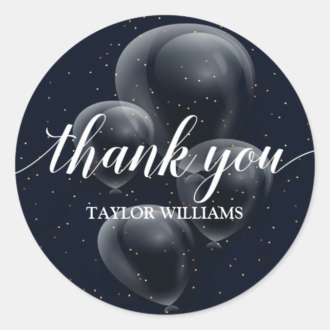 Thank You Text Black Birthday Balloons Classic Round Sticker (Front)