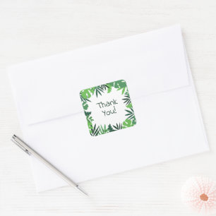 Thank you text green tropical palm leaves frame square sticker