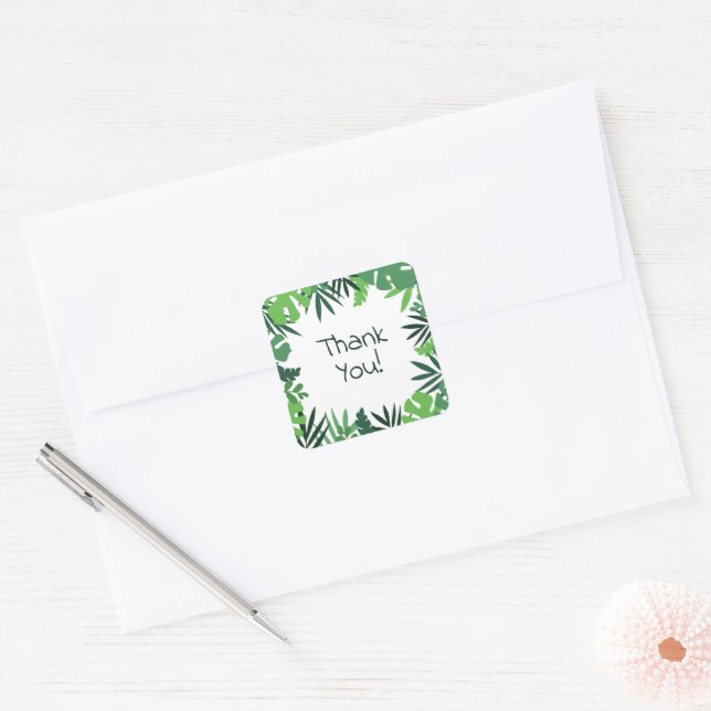 Thank you text green tropical palm leaves frame square sticker (Envelope)