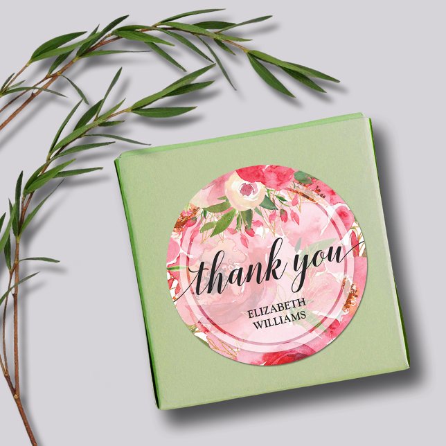 Thank You Text Peony Flowers Classic Round Sticker (3" round stickers with your name and Thank You on pink and cream peony flowers)