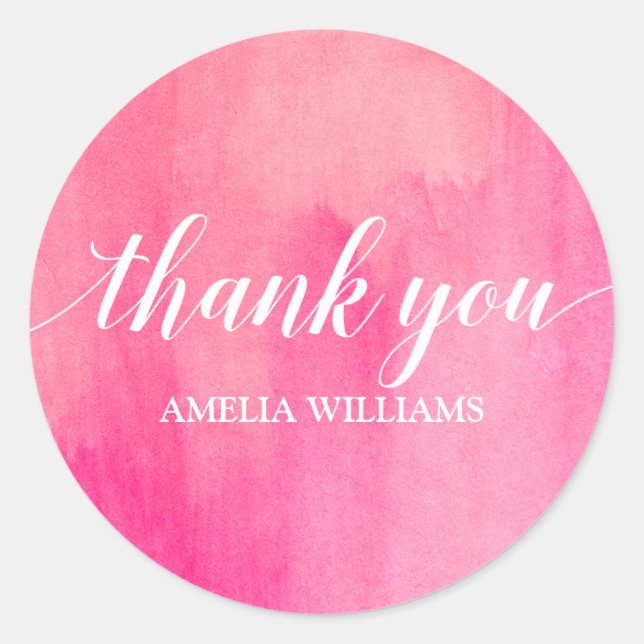 Thank You Text Pink Watercolor Classic Round Sticker (Front)