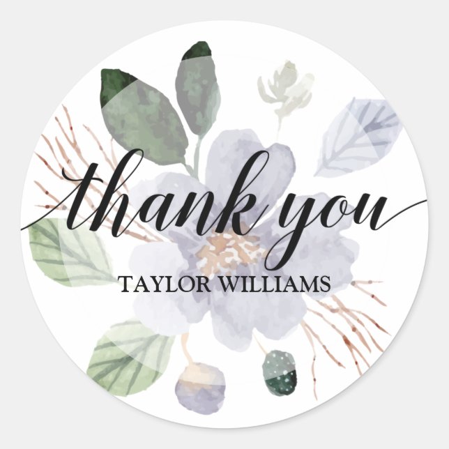 Thank You Text Purple Flower Classic Round Sticker (Front)