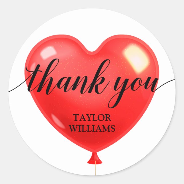 Thank You Text Red Heart Balloon Classic Round Sticker (Front)