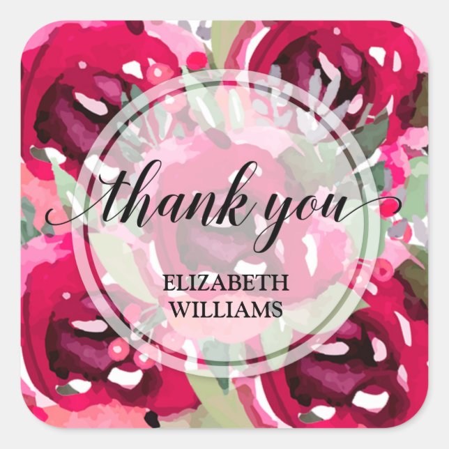 Thank You Text Watercolor Flowers Square Sticker (Front)
