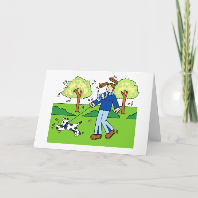 Thank You to Female Dog Walker, Cartoon. Holiday Card (Front)
