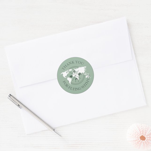 Thank you Travel Wedding World Map Boho Sage Green Classic Round Sticker (Envelope)