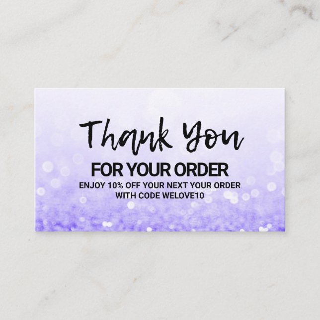 Thank you Trendy Purple Glitter instagram Discount Business Card (Front)