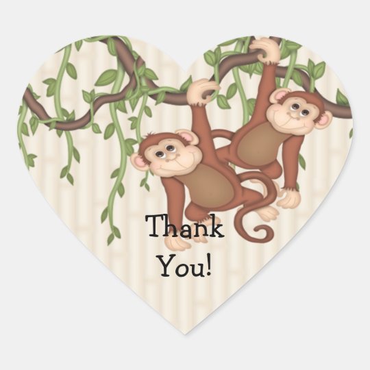 Thank You Twin Monkeys Baby Shower Heart Sticker