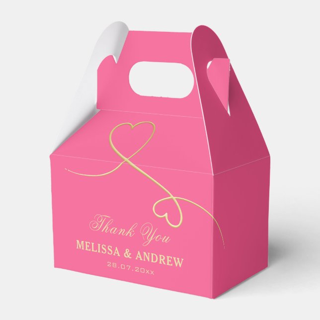 Thank You | Two Gold Hearts | Fuchsia Pink Wedding Favor Box (Front Side)