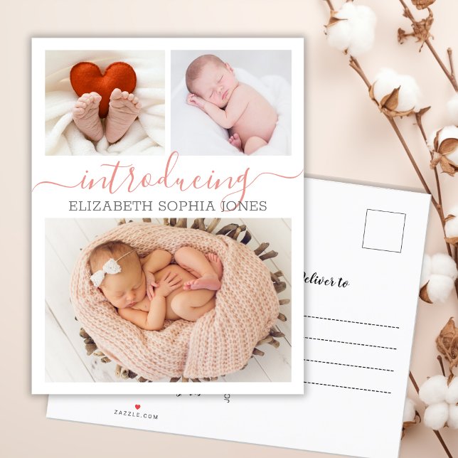 Thank You Typography 3 Photo Collage Birth  Announcement Postcard (Creator Uploaded)