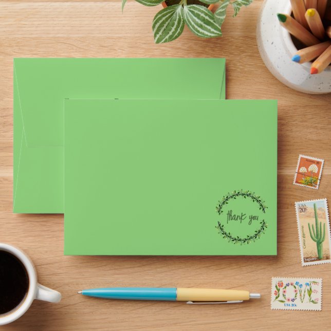 Thank You Typography Chic Green Leaf Wreath Envelope (Desk)