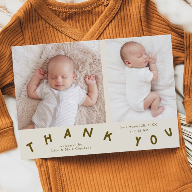 Thank You Typography Cream Birth Photo  Announcement (Creator Uploaded)