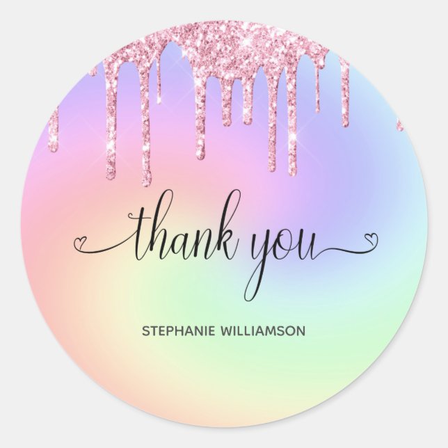 Thank you typography dripping pink glitter ombre classic round sticker (Front)