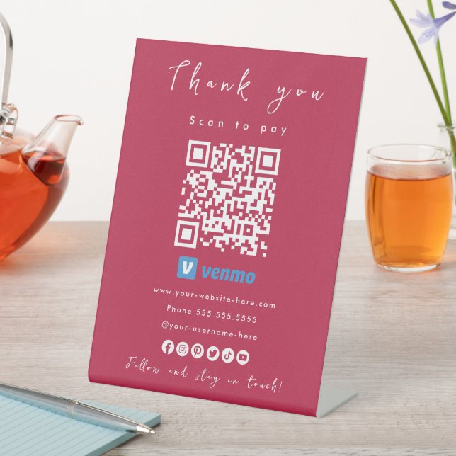 Thank You Venmo QR Code Scan to Pay Hot Pink Pedestal Sign (In SItu)