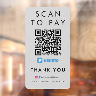 Thank you Venmo Scan to Pay QR Code Modern Grey Window Cling